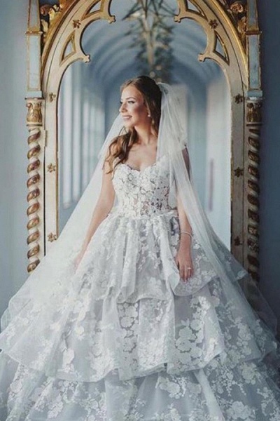 Modest Long Ball Gowns Sweetheart Tulle Lace Wedding Dress_1