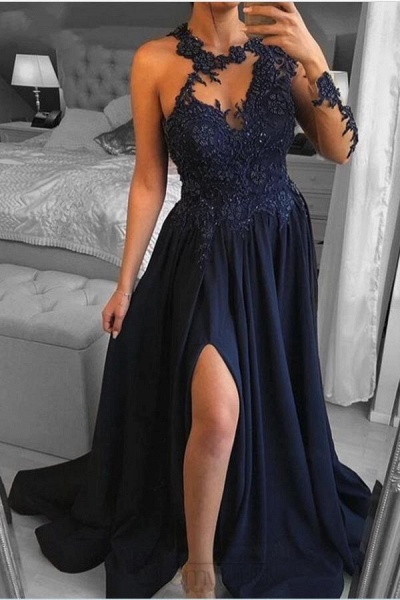 Long A-line Chiffon Front Slit Lace Prom Dress with Sleeves_3