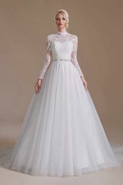 Modest A-line High Neck Long Sleeves Tulle Lace Wedding Dresses_2