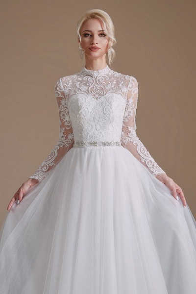 Modest A-line High Neck Long Sleeves Tulle Lace Wedding Dresses_6