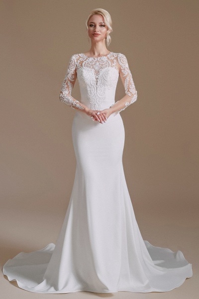 Elegant Long Mermaid Jewel Satin Lace Wedding Dress with Sleeves_1