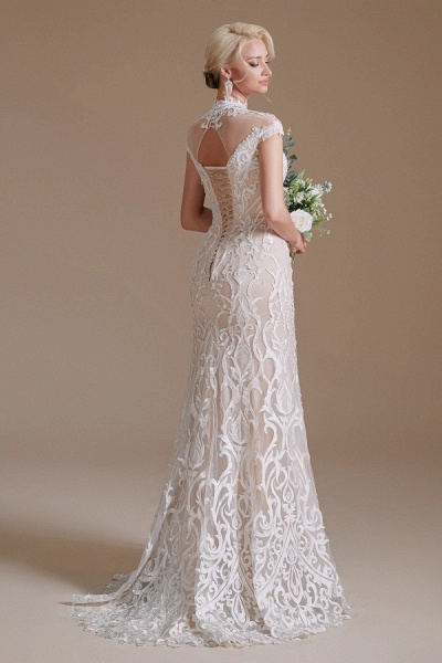 Vintage Long Mermaid High-neck Lace Wedding Dress with sleeves_6