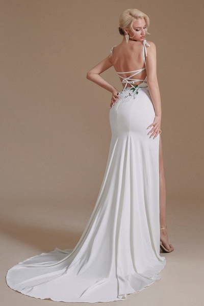 Modest Long Mermaid Satin Spaghetti Straps Open Back Wedding Dress with slit_5