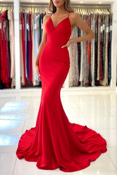 Simple Long Mermaid V-neck Open Back Spaghetti Straps Prom Dresses_2