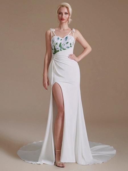 Modest Long Mermaid Satin Spaghetti Straps Open Back Wedding Dress with slit_1