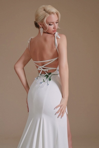 Modest Long Mermaid Satin Spaghetti Straps Open Back Wedding Dress with slit_7