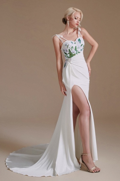 Modest Long Mermaid Satin Spaghetti Straps Open Back Wedding Dress with slit_4