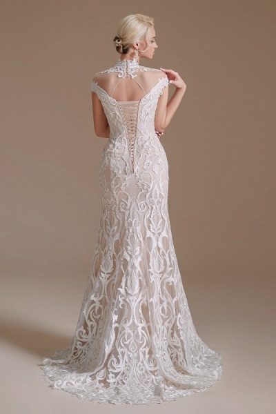 Vintage Long Mermaid High-neck Lace Wedding Dress with sleeves_5