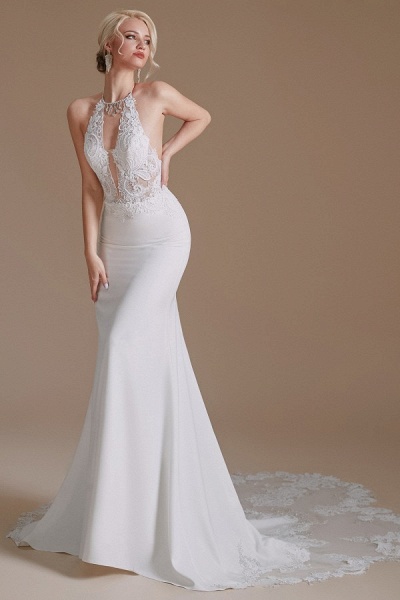 Modest Long Mermaid Halter Backless Satin Wedding Dresses with Appliques Lace_5