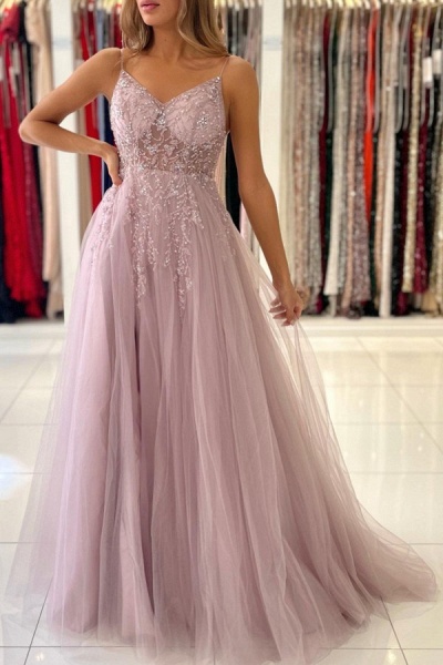 Luxury Long A-line V-neck Tulle Glitter Dusty Pink Prom Dress with Slit_3