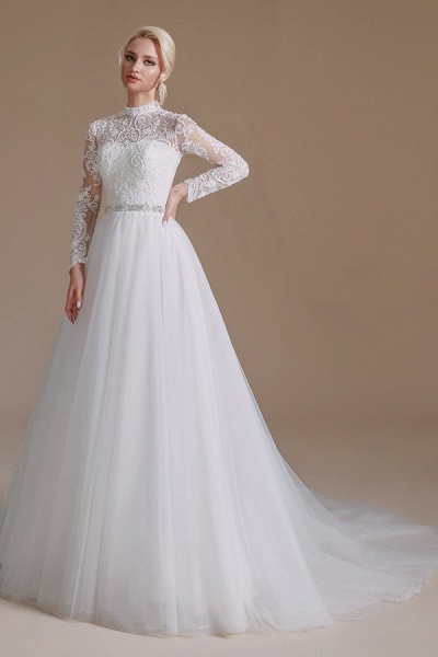 Modest A-line High Neck Long Sleeves Tulle Lace Wedding Dresses_3