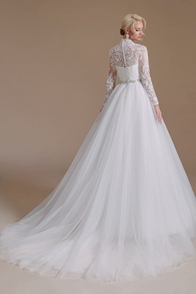 Modest A-line High Neck Long Sleeves Tulle Lace Wedding Dresses_5