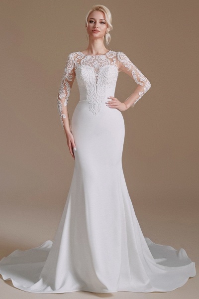 Elegant Long Mermaid Jewel Satin Lace Wedding Dress with Sleeves_2