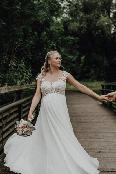 Elegantes, langes, ärmelloses Chiffon-Hochzeitskleid in A-Linie mit Spitzenapplikationen_1