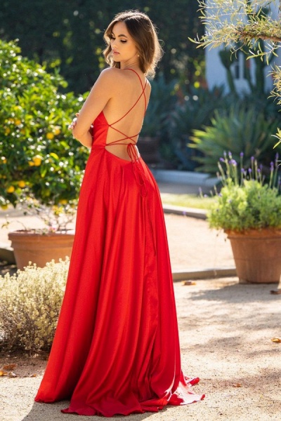 Modest Long A-line Scoop Neck Spaghetti Straps Red Prom Dress with Slit_2