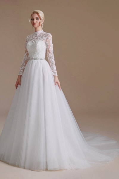 Modest A-line High Neck Long Sleeves Tulle Lace Wedding Dresses_4