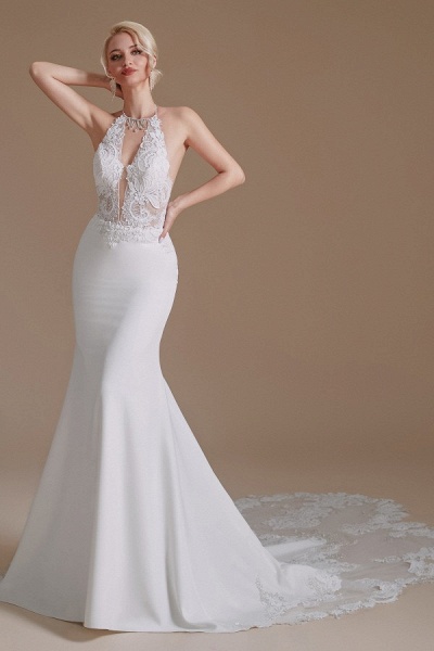 Modest Long Mermaid Halter Backless Satin Wedding Dresses with Appliques Lace_4