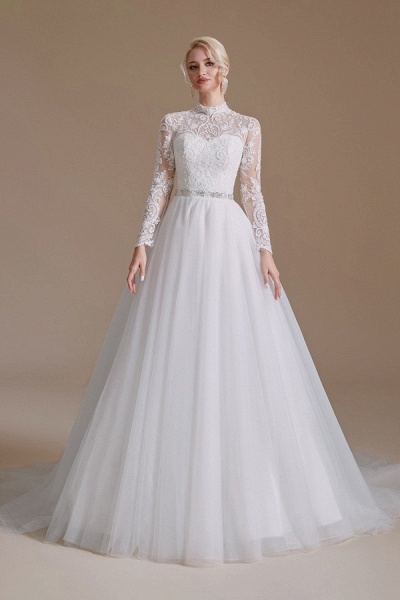 Modest A-line High Neck Long Sleeves Tulle Lace Wedding Dresses_1