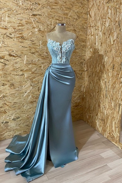 Unique Long Mermaid Sweetheart Stretch Satin Prom Dress with Appliques_1