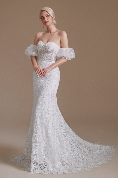 Beautiful Long Mermaid Sweetheart Lace Wedding Dresses with Detachable Sleeves_2