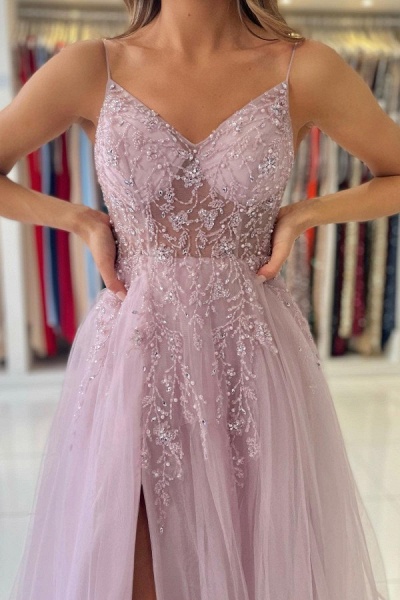 Luxury Long A-line V-neck Tulle Glitter Dusty Pink Prom Dress with Slit_7