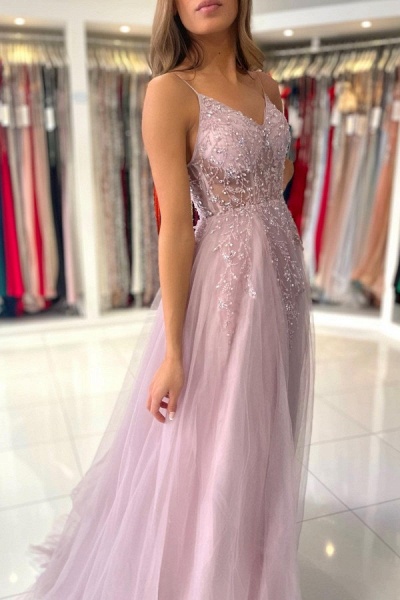 Luxury Long A-line V-neck Tulle Glitter Dusty Pink Prom Dress with Slit_5