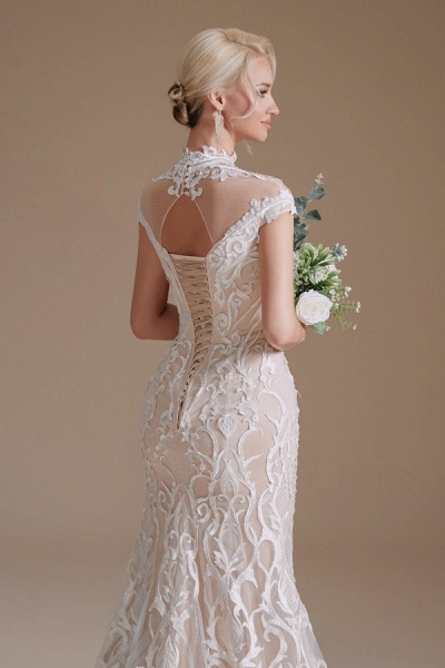 Vintage Long Mermaid High-neck Lace Wedding Dress with sleeves_8