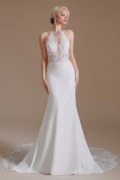 Modest Long Mermaid Halter Backless Satin Wedding Dresses with Appliques Lace_1