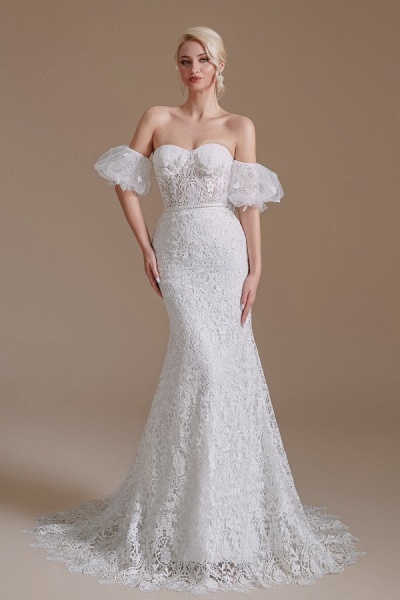 Beautiful Long Mermaid Sweetheart Lace Wedding Dresses with Detachable Sleeves_1