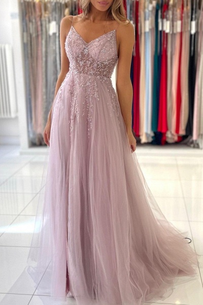 Luxury Long A-line V-neck Tulle Glitter Dusty Pink Prom Dress with Slit_4