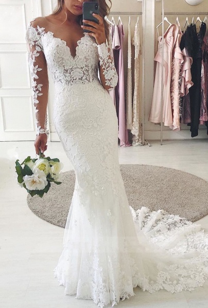 Modest Long Mermaid Sweetheart Lace Wedding Dress with Sleeves | Cocosbride