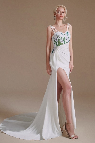Modest Long Mermaid Satin Spaghetti Straps Open Back Wedding Dress with slit_3