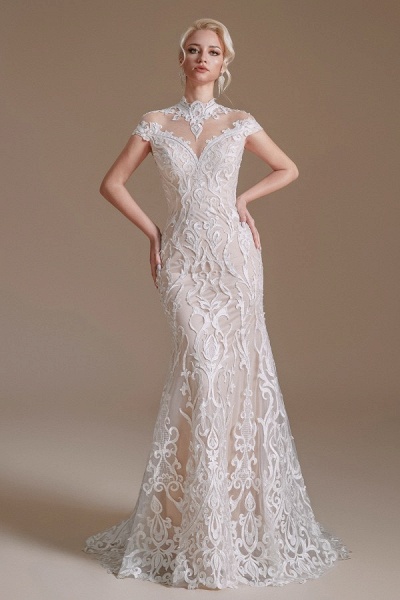 Vintage Long Mermaid High-neck Lace Wedding Dress with sleeves_1