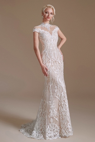 Vintage Long Mermaid High-neck Lace Wedding Dress with sleeves_4
