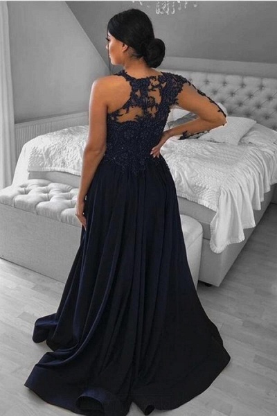 Long A-line Chiffon Front Slit Lace Prom Dress with Sleeves_2