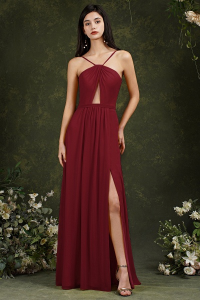 Halter Spaghetti Straps A-line Ruffles Chiffon Slit Bridesmaid Dress With Pockets_2