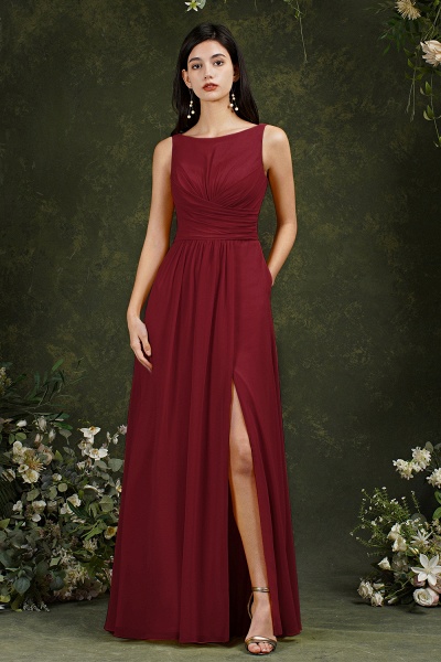 Classy Chiffon A-Line Split Bateau Backless Ruffles Bridesmaid Dress With Pockets_1