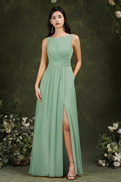 Classy Chiffon A-Line Split Bateau Backless Ruffles Bridesmaid Dress With Pockets_2