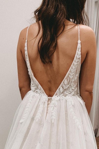 Simple Long A-line V-neck Lace Tulle Open Back Wedding Dress with slit_4