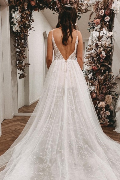 Simple Long A-line V-neck Lace Tulle Open Back Wedding Dress with slit_2