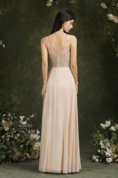 Elegant Long A-line V-neck Floral Lace Backless Bridesmaid Dresses_7