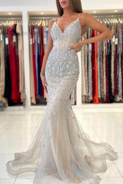 Unique Long Mermaid V-neck Lace Appliques Tulle Backless Prom Dress_1