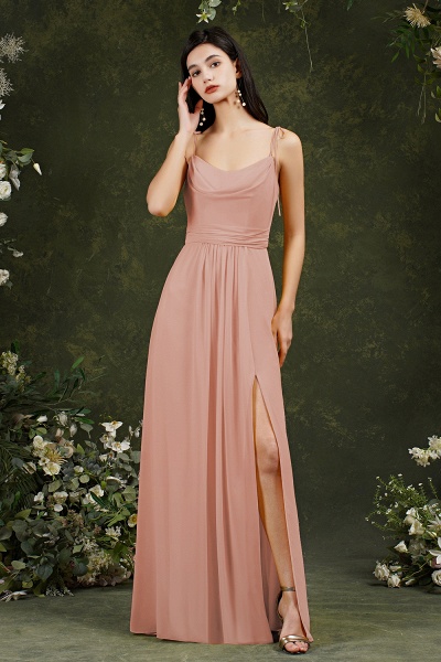 Simple Spaghetti Straps Backless A-Line Floor-length Chiffon Bridesmaid Dress With Pockets Split_1