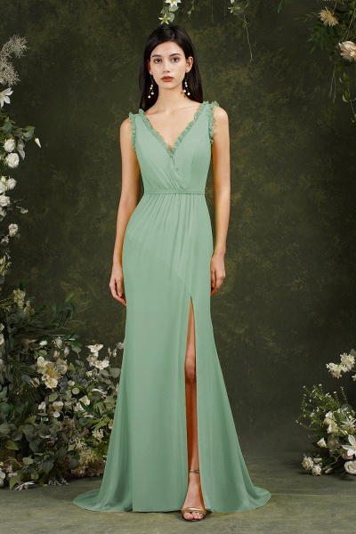 Stylish Wide Straps V-neck Backless Mermaid Chiffon Bridesmaid Dress With Split_4