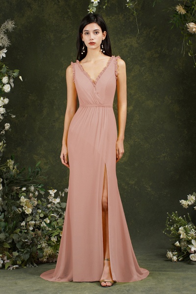 Stylish Wide Straps V-neck Backless Mermaid Chiffon Bridesmaid Dress With Split_1