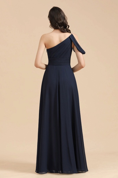 Long A-line Chiffon One Shoulder Bridesmaid Dress Dark Navy Wedding Party Dresses_6