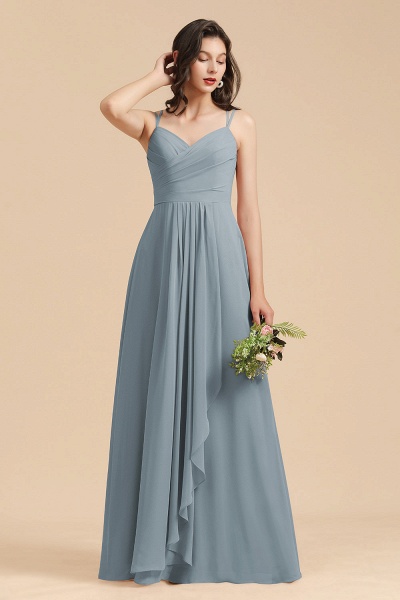 Langes Chiffon-Brautjungfernkleid in A-Linie mit V-Ausschnitt Staubblaues Kleid für Hochzeitsgäste_7