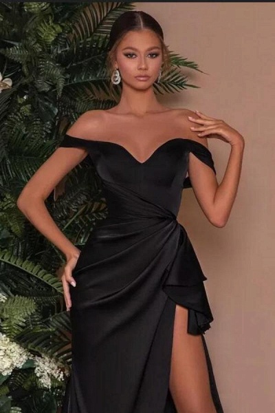 Simple Black Long Mermaid Off-the-shoulder Prom Dress with Slit_2
