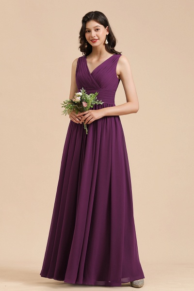 Elegant Long A-line V-neck Ruched Chiffon Bridesmaid Dress_1