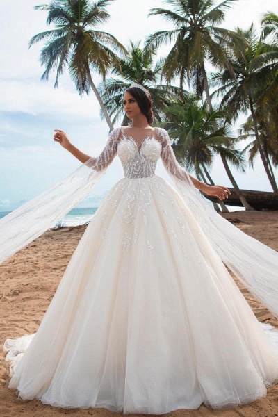 Gorgeous Long A-line Sweetheart Tulle Floral Lace Wedding Dress with Sleeves_1